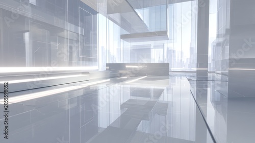 Modern architectural interior with bright white design and reflective surfaces