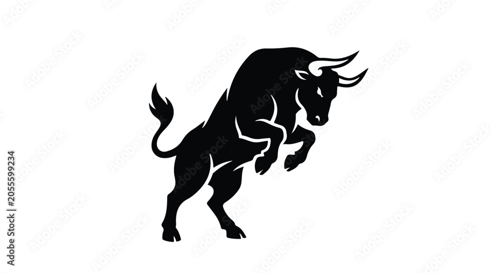 Fototapeta premium Black bull silhouette charging forward powerful dynamic animal symbol illustration