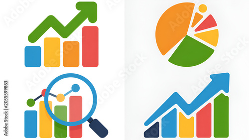 Financial growth charts and analysis with magnifying glass during presentation