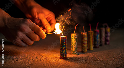 Obraz na plátně Hands light firecracker with match, row of colorful firecrackers on ground, dark background, close-up