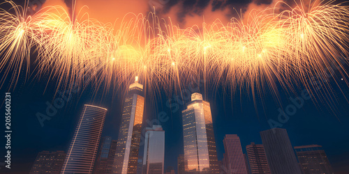 Golden fireworks exploding above city skyscrapers during a night celebration