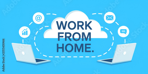 Laptops communicating with cloud during remote work with business icons and flat design concept