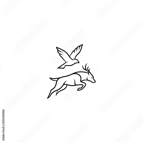 Minimalist line art illustration of a bird in flight above a running deer