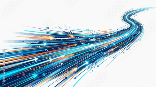 Abstract digital art representing fast data transfer with blue and orange arrows and light streaks on a white background
