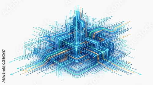 Abstract digital network of glowing blue and green lines and circuits representing technology and data flow on a white background