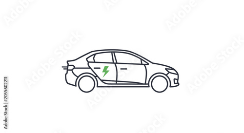 Minimalist line art illustration of an electric car with green lightning bolt symbol