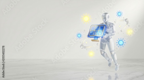 Robot Running Holding Solar Panel with Sun Icons in White Studio 3d Render