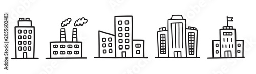 Obraz na płótnie Building icons set, hand drawn black ink doodle style factory office and city ha