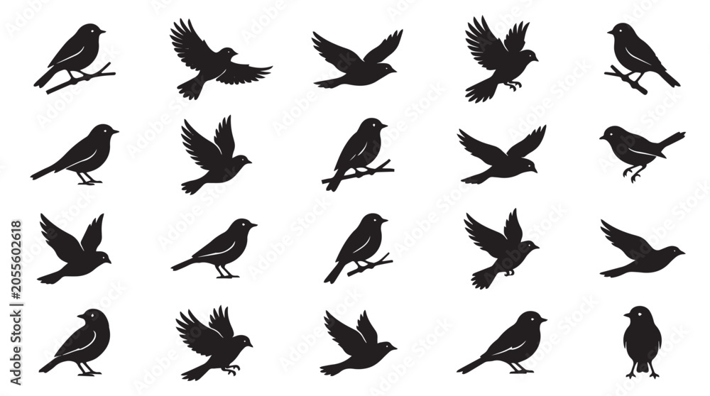 Obraz premium Black bird silhouettes in various flying and perched poses isolated on white background