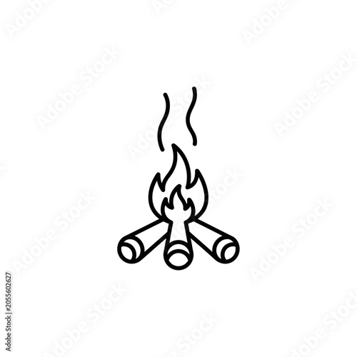 Minimalist line drawing of a campfire with smoke rising from burning logs