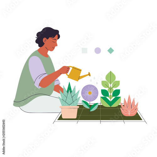 Modern Bright Vector Illustration Of Calm Person Watering Symbolic Geometric Garden On White Background For Inner Order, Emotional Restoration, Mindful Routine And Mental Balance Concept