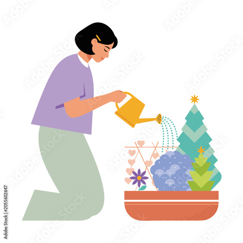 Modern Bright Vector Illustration Of Calm Person Watering Symbolic Geometric Garden On White Background For Inner Order, Emotional Restoration, Mindful Routine And Mental Balance Concept