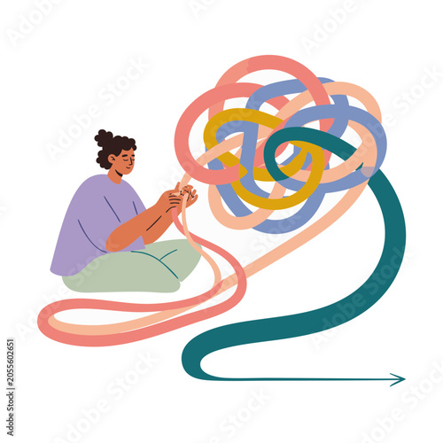 Modern Bright Vector Illustration Of Calm Person Untangling Abstract Knot Into Smooth Line On White Background For Mental Clarity, Emotional Reset And Reducing Complexity Concept