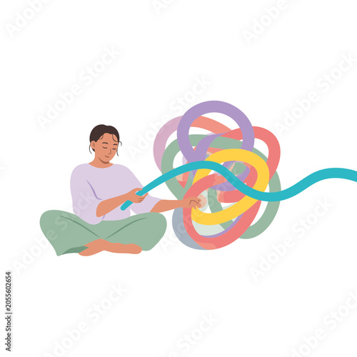 Modern Bright Vector Illustration Of Calm Person Untangling Abstract Knot Into Smooth Line On White Background For Mental Clarity, Emotional Reset And Reducing Complexity Concept