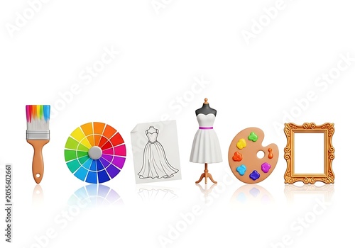 Colorful handcrafted art supplies and sewing tools arranged on white background flat lay