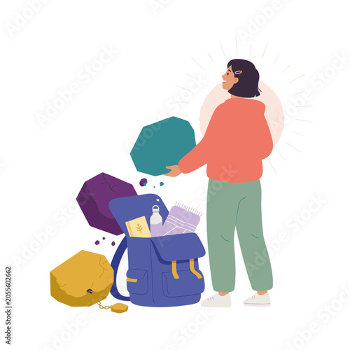 Modern Bright Vector Illustration Of Person Removing Heavy Abstract Stones From Backpack On White Background For Emotional Baggage Release, Mental Relief And Simple Restorative Lifestyle