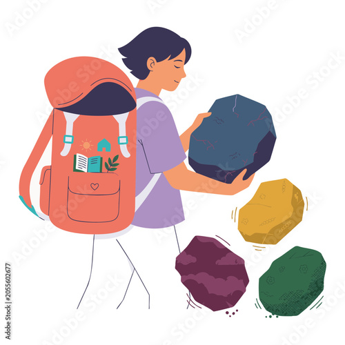 Modern Bright Vector Illustration Of Person Removing Heavy Abstract Stones From Backpack On White Background For Emotional Baggage Release, Mental Relief And Simple Restorative Lifestyle
