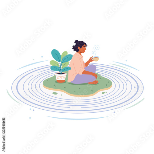 Modern Bright Vector Illustration Of Calm Person Sitting On Small Peaceful Island On White Background For Quiet Personal Space, Emotional Recovery, Sensory Rest And Mindful Solitude