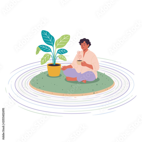 Modern Bright Vector Illustration Of Calm Person Sitting On Small Peaceful Island On White Background For Quiet Personal Space, Emotional Recovery, Sensory Rest And Mindful Solitude