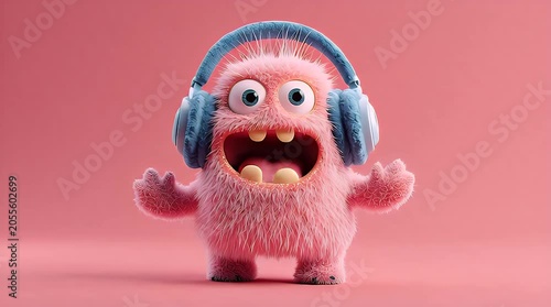 Fluffy pink creature with big eyes and blue headphones on a pink background