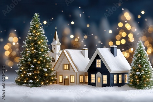 Snowy Christmas village with lit houses and trees
