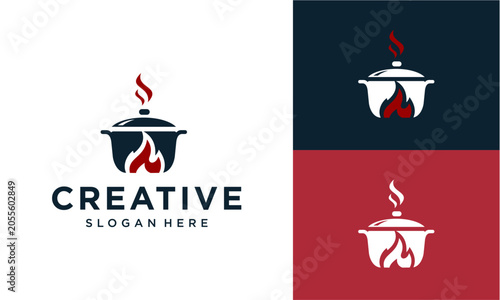Fotografie Creative cooking pot logo design with fire and steam elements for restaurant or