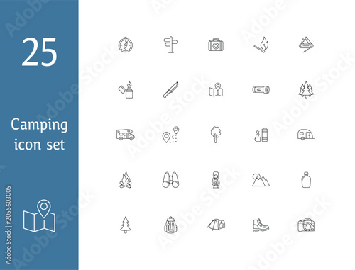 Camping and outdoor adventure line icon set