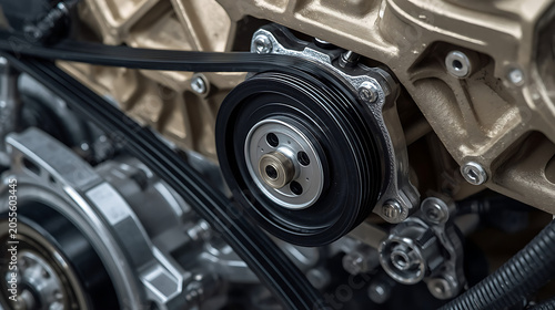 This image displays a car's serpentine belt system, which transfers power from the engine to various components