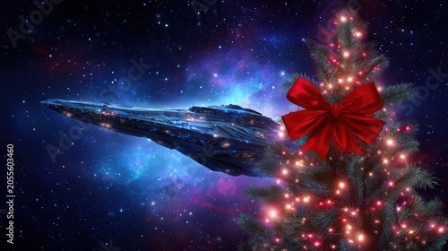 Christmas tree with red bow beside futuristic spaceship in starfield