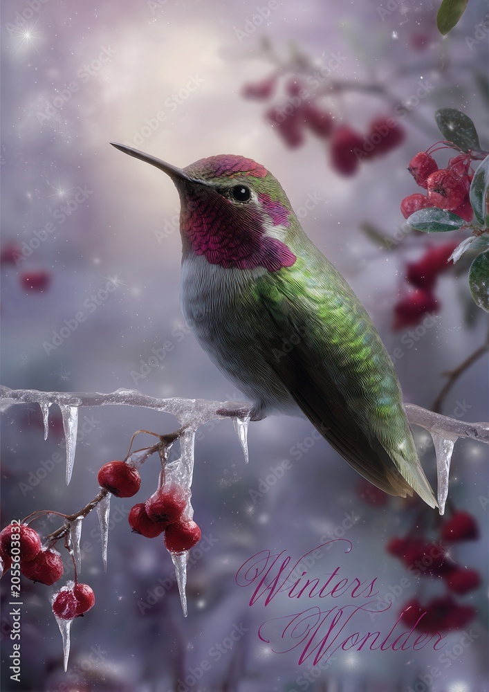 Fototapeta premium Hummingbird perched on icy branch with red berries