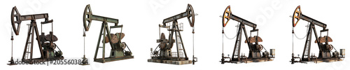 Obraz na plátně Set of Industrial Oil Pump Jacks and Crude Petroleum Nodding Donkeys Isolated on White Background