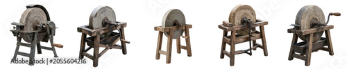 Photos Set of Vintage Grindstones and Manual Sharpening Wheels Isolated on White Background