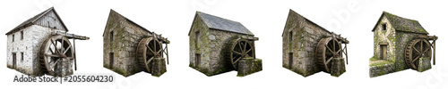 Fotografía Set of Vintage Watermills and Old Stone Water Mill Buildings Isolated on White Background