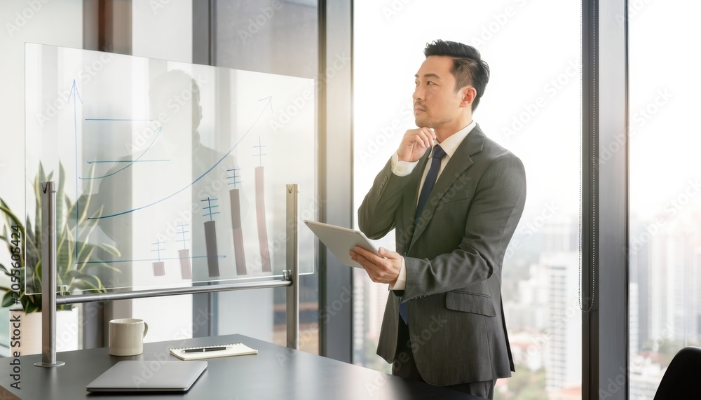 Fototapeta premium Businessman Analyzing Financial Charts and Graphs in Modern Office