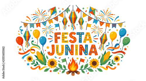Colorful festa junina celebration with lanterns flags and campfire