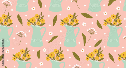 Cuadro en lienzo Delicate floral seamless pattern with yellow flowers in mint green ceramic jugs and autumn leaves on soft pink background for feminine home decor textile