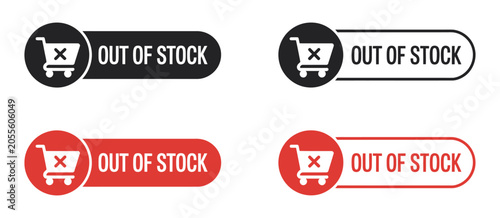 Out of stock red stamp banner signs set, retail unavailable notice labels for e commerce, shopping and product inventory alerts