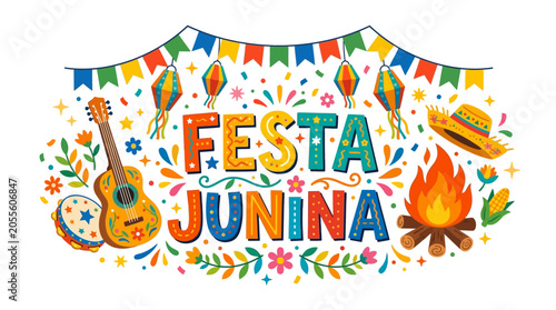Fotografía Festive festa junina banner with bonfire guitar and colorful flags