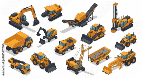 Cuadro en lienzo Collection of Isometric Yellow Construction and Mining Heavy Machinery Vehicles