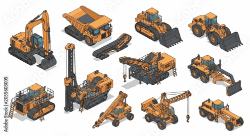 Foto Collection of isometric construction and mining heavy machinery vehicles, including excavators, dump trucks, and bulldozers