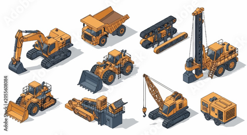 Isometric illustration of various construction and mining vehicles.