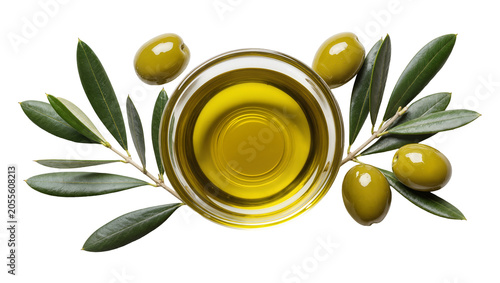 Golden olive oil in glass bowl with fresh olives and leaves, isolated on transparent background