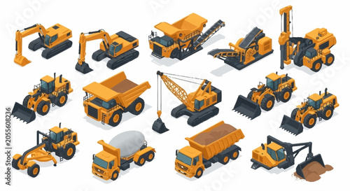 Collection of orange construction vehicles in isometric style.