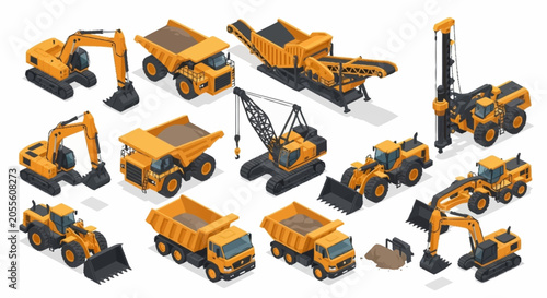 Collection of yellow construction vehicles in isometric style.