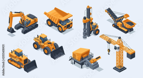 Cuadro en lienzo Collection of orange construction vehicles in isometric style.