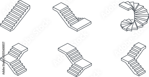 Isometric Staircase Icon Set featuring Spiral, Straight, and Multi-Directional Architectural Steps for Home Interior Design, Construction, and Building Blueprint Layouts