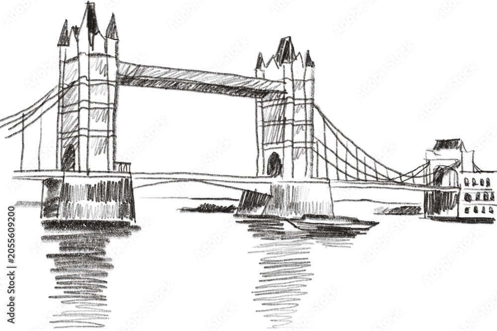 Obraz premium Black and White Sketch of Historic Tower Bridge Over River with Boats in London