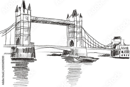 Black and White Sketch of Historic Tower Bridge Over River with Boats in London
