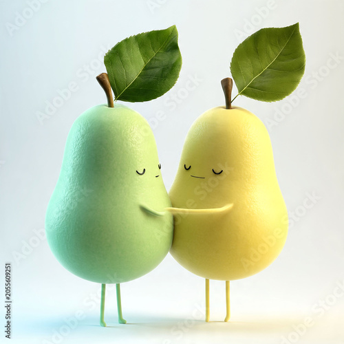 Cute 3D stylized pears hugging each other in a sweet warm embrace