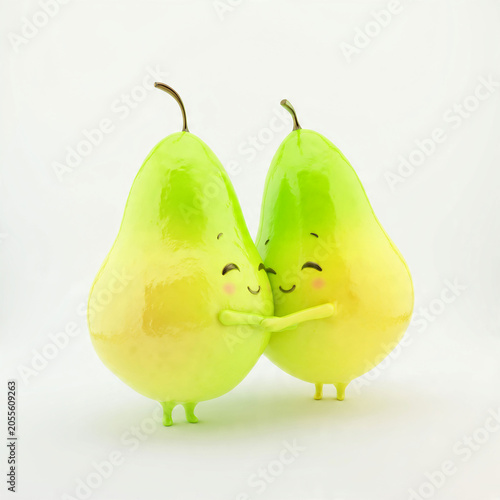 A pair of 3D stylized pears hugging each other with cute faces, representing love and friendship